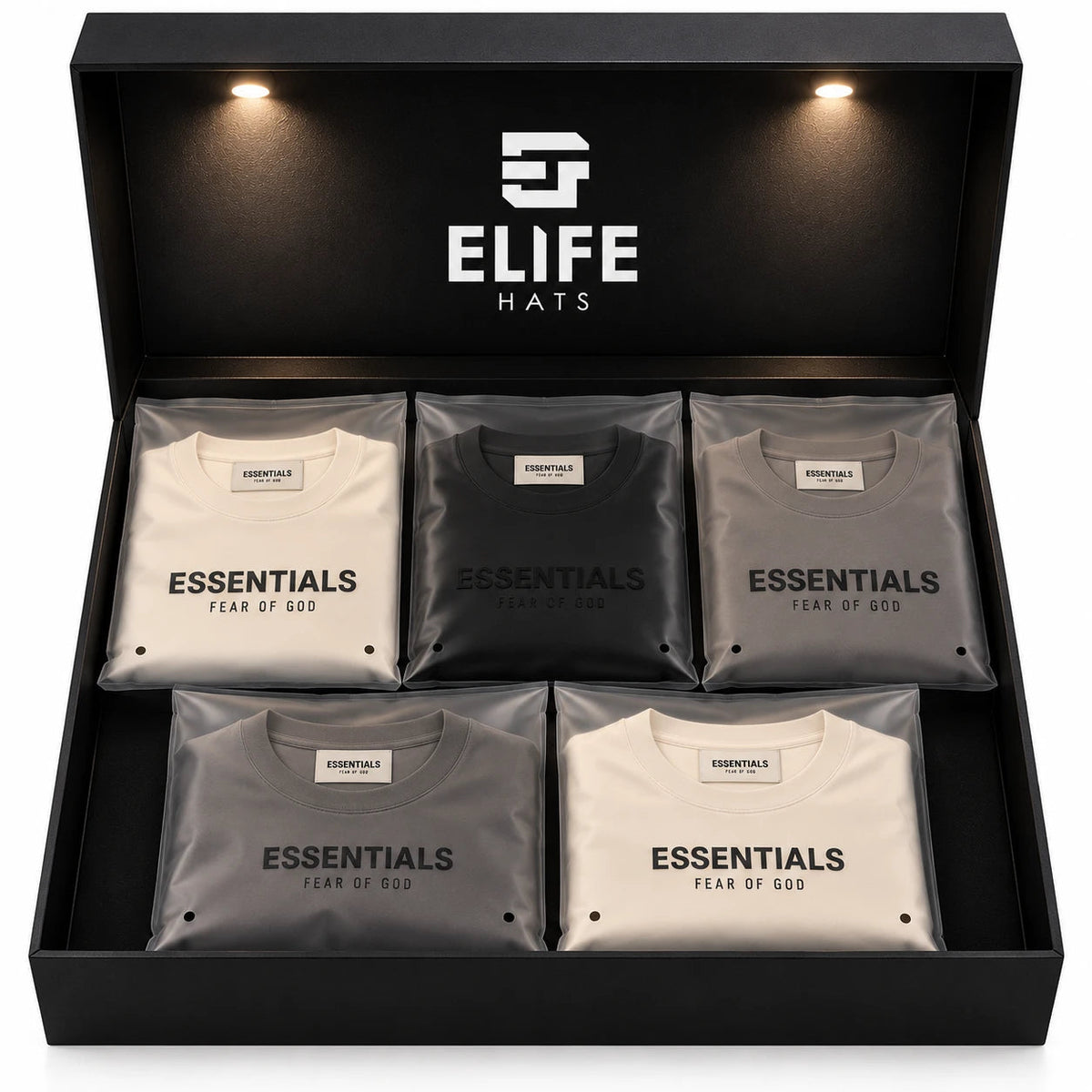 Lote 5 Playeras Essentials en caja Elife Hats